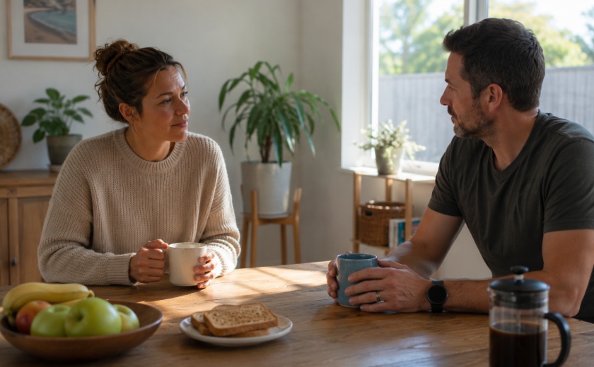 man and woman talking